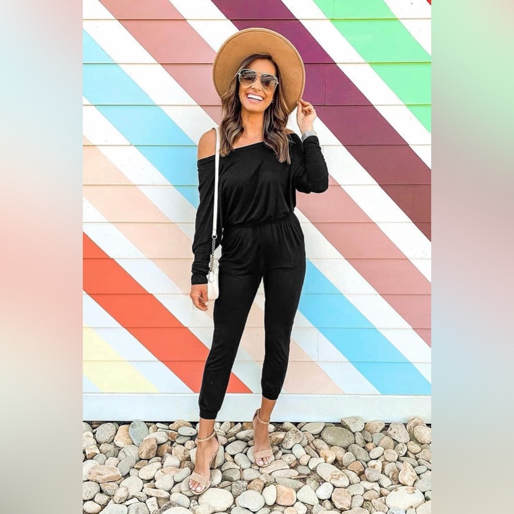 Women's Black Off-Shoulder Jumpsuit Elastic Waist, Size S, NWT, Resortwear